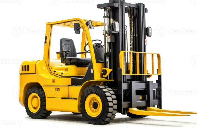 a close up shot of a yellow forklift isolated on a white background generative ai photo 768x512